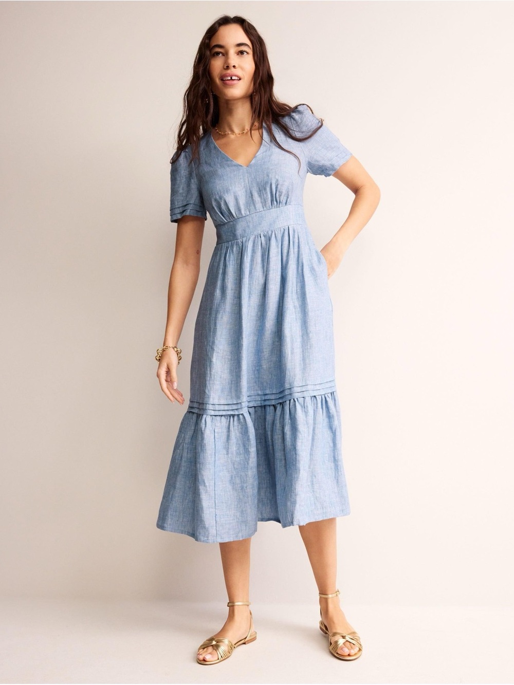 Boden Blue Eve Linen Midi Dress chambray, US 10P
